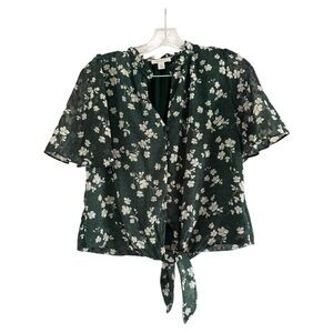 Tamara H. Forest Green Floral Swiss Dot Tie Front Blouse XS Short Sleeve Top